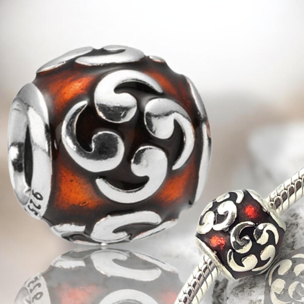 Pandora Sterling Silver Zen Red-Orange Enamel Bead Charm Retired